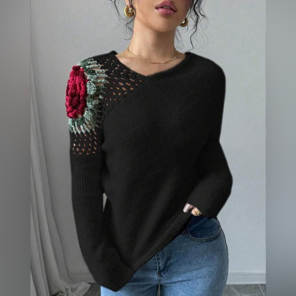 NWOT Women’s Crochet Rose Black V-neck Sweater